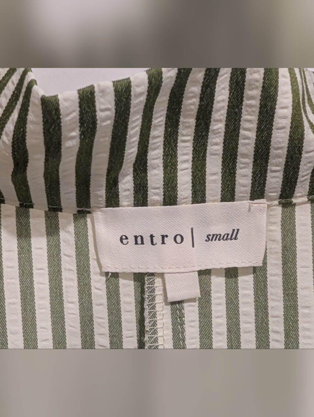 entro Olive & White Striped V-Neck Tunic with Multicolor Trim Size S (Oversized) - Picture 5 of 5